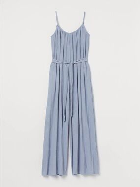 H&M Light Blue Wide-Cut Creped Jersey Jumpsuit with Tie Belt Size Medium